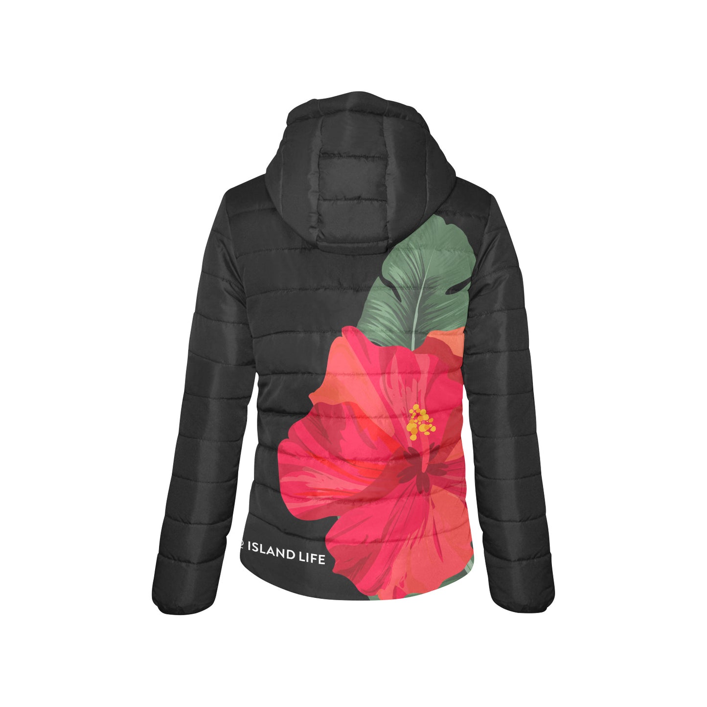 Guam Red Hibiscus Paradise Women's Black Hooded Padded Jacket