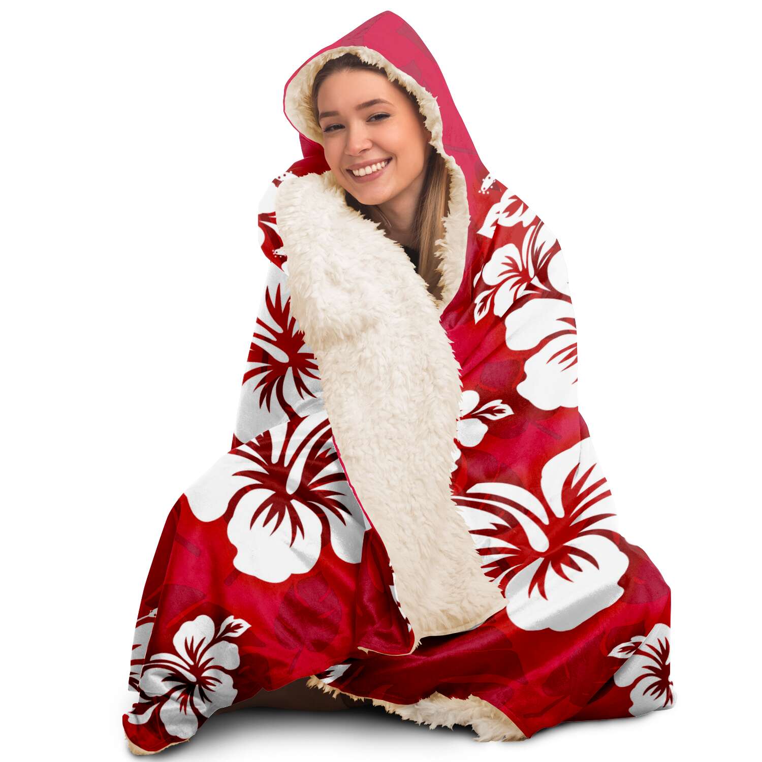 Guam Classic Red Hibiscus Premium Sherpa Hooded Blanket