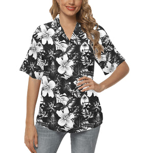 Guam Black Hibiscus Women's Button Down Hawaiian Shirt