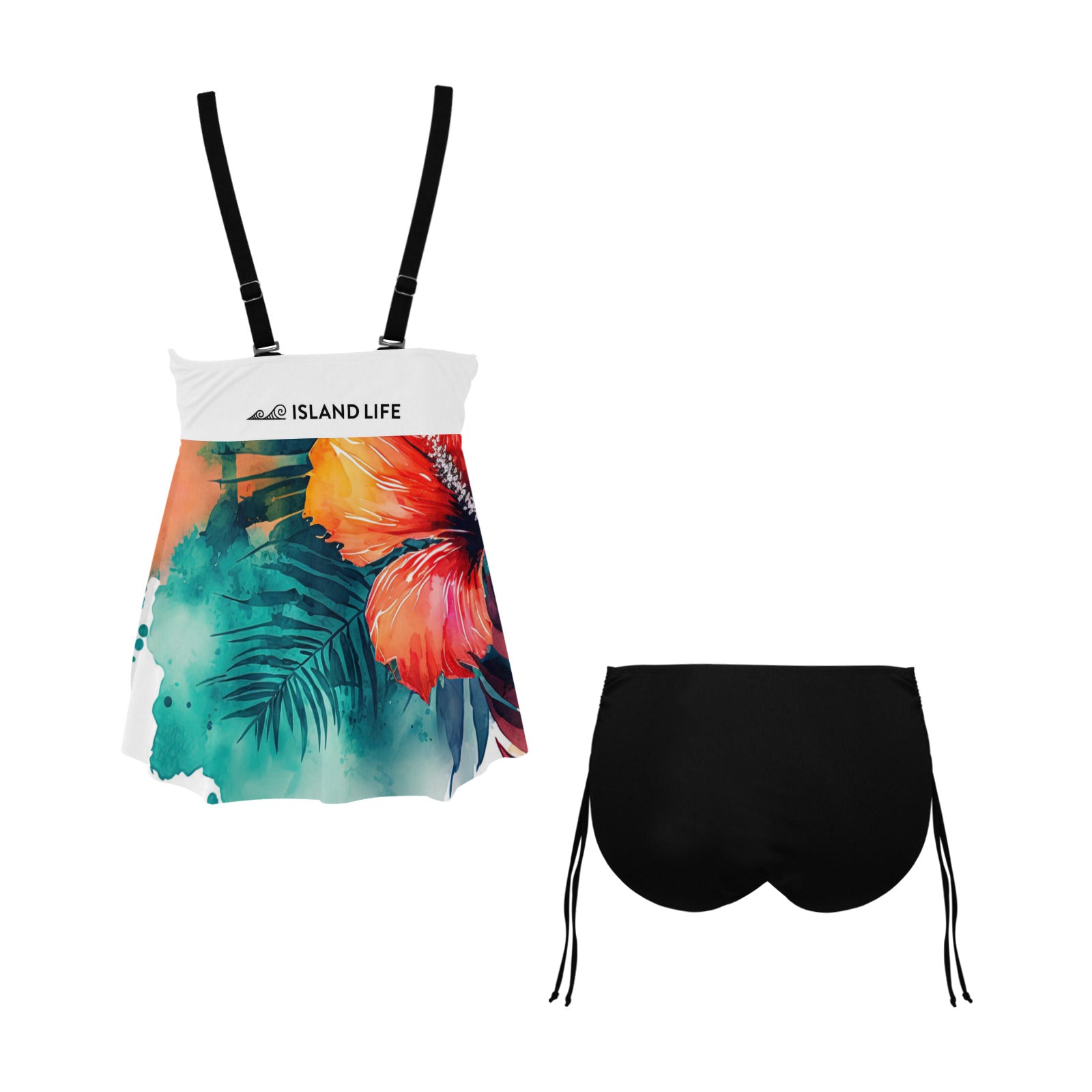 Guam Hibiscus Watercolor Chest Drawstring 2-Piece Swim Dress