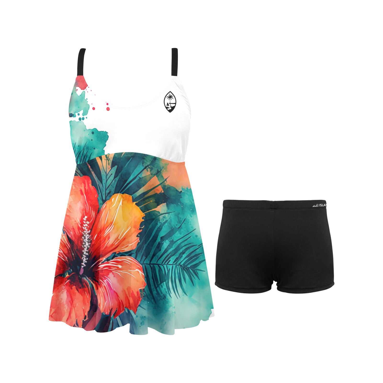 Guam Hibiscus Watercolor Chest Pleat 2-Piece Swim Dress