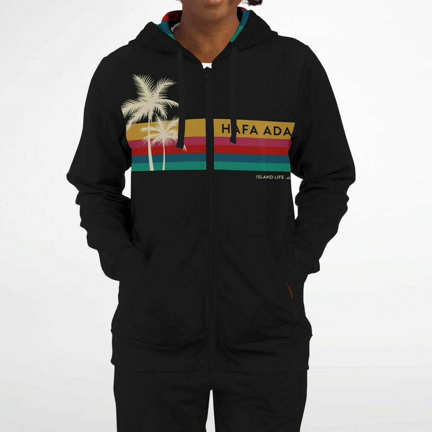 Hafa Adai Retro Rainbow Guam CNMI Black Zip Hoodie Jacket