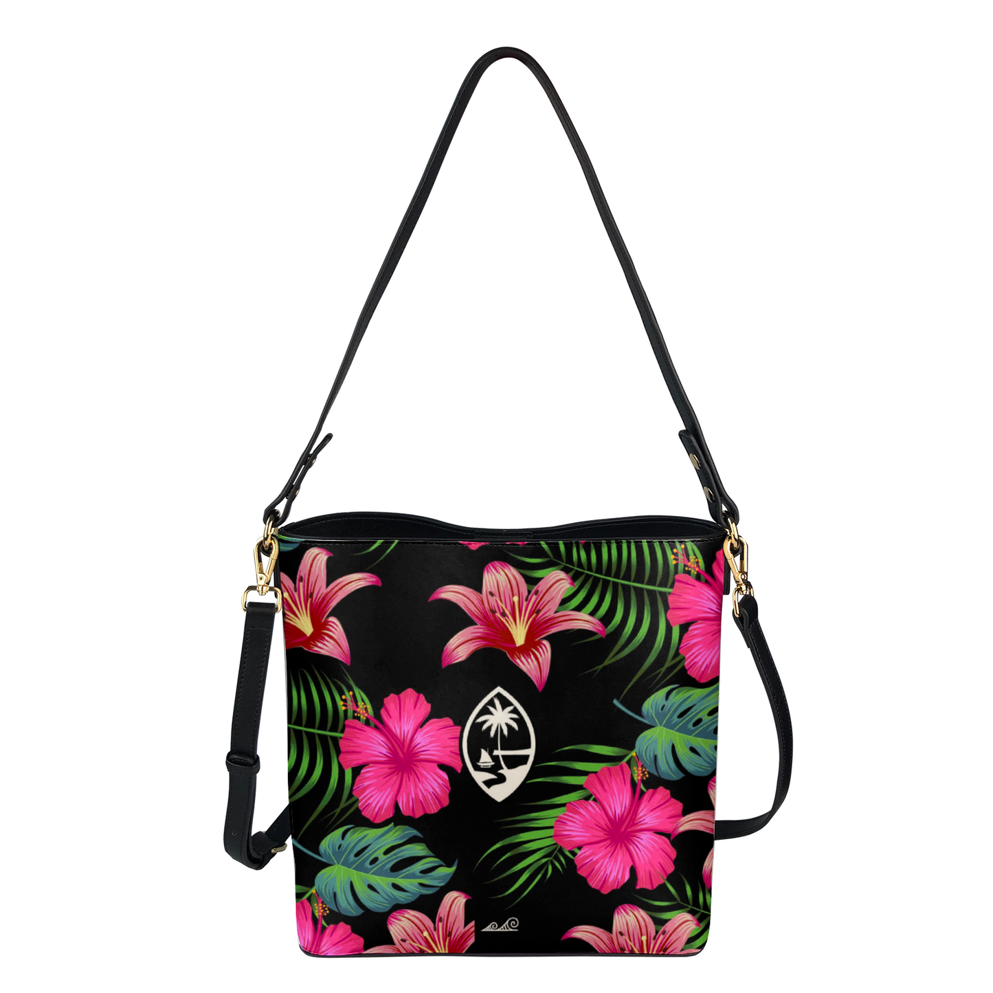 Guam Hibiscus Island Black Vegan Leather Crossbody Large Shoulder Bag