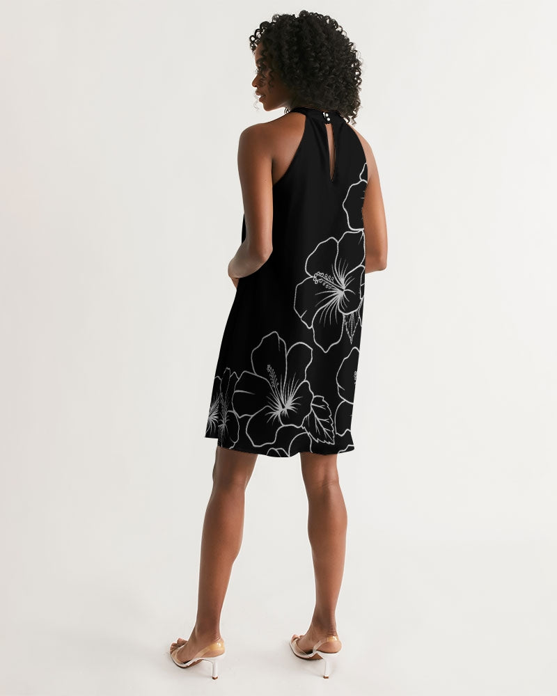 Guam Modern Hibiscus Black Women's Halter Dress