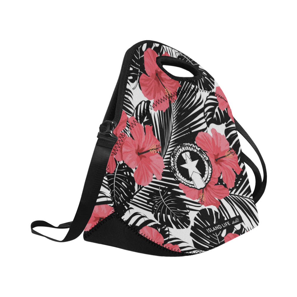 CNMI Pink Black Hibiscus Leaves Neoprene Lunch Bag Large