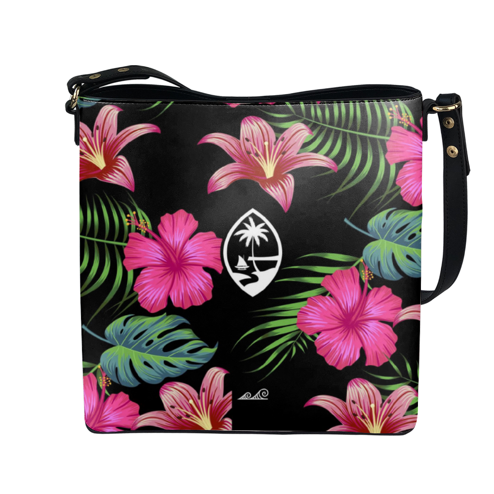 Guam Hibiscus Island Black Vegan Leather Crossbody Large Shoulder Bag