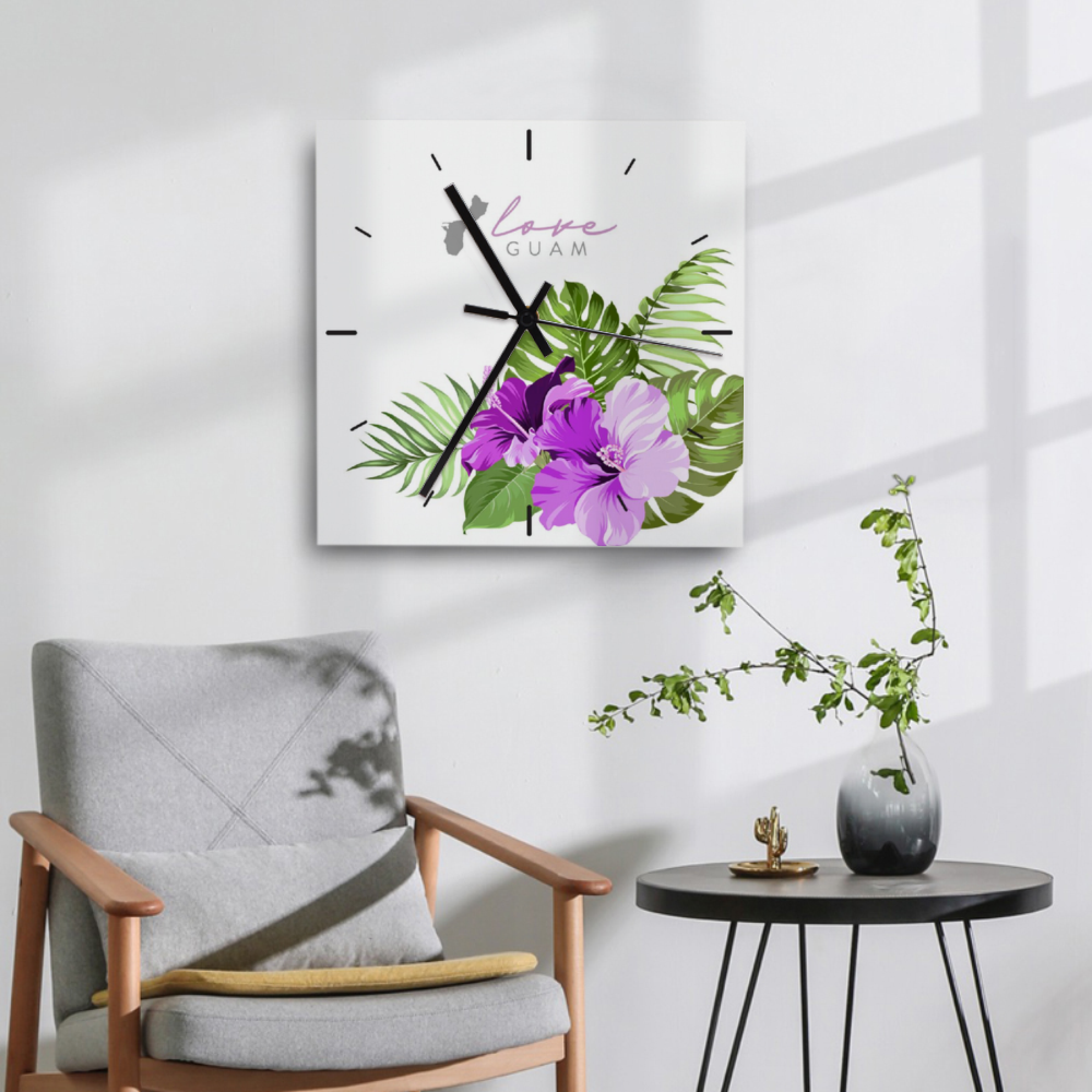 Love Guam Purple Hibiscus White Square Silent Wooden Wall Clock