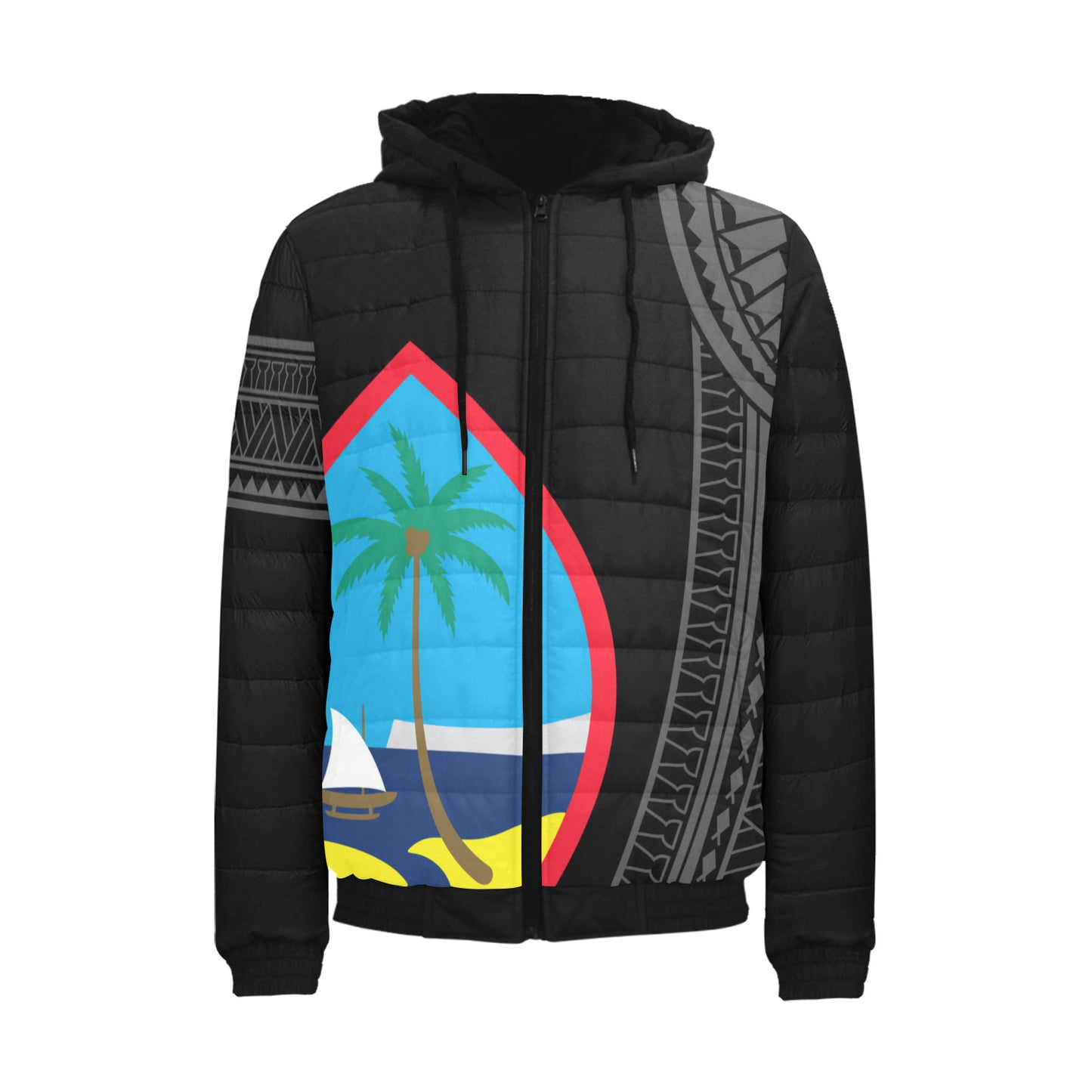 Guam Seal Color Tribal Black Men's Hooded Padded Jacket