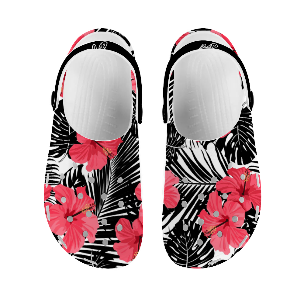 Guam CNMI Pink Black Hibiscus Unisex Rubber Clogs Sandals