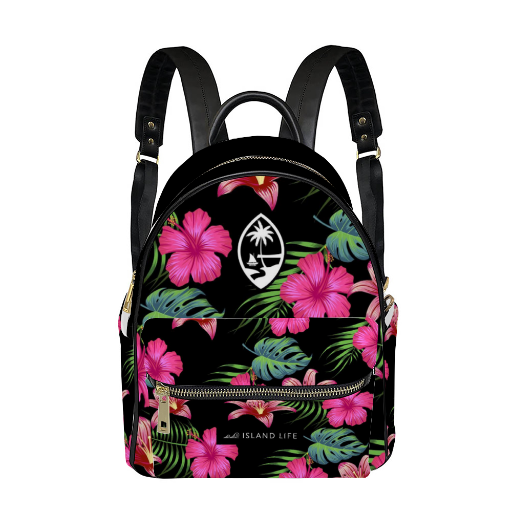 Guam Hibiscus Island Black Vegan Leather Backpack Purse Bag