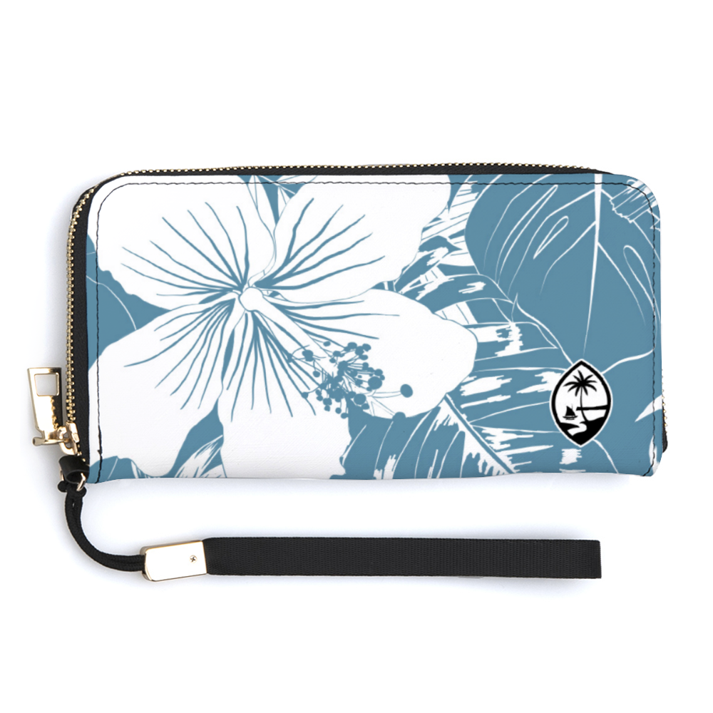 Guam Hibiscus Floral Slate Blue Women’s Long Wallet Wristlet