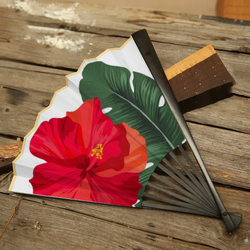 Guam Hibiscus Paradise White Spun Silk Folding Fan