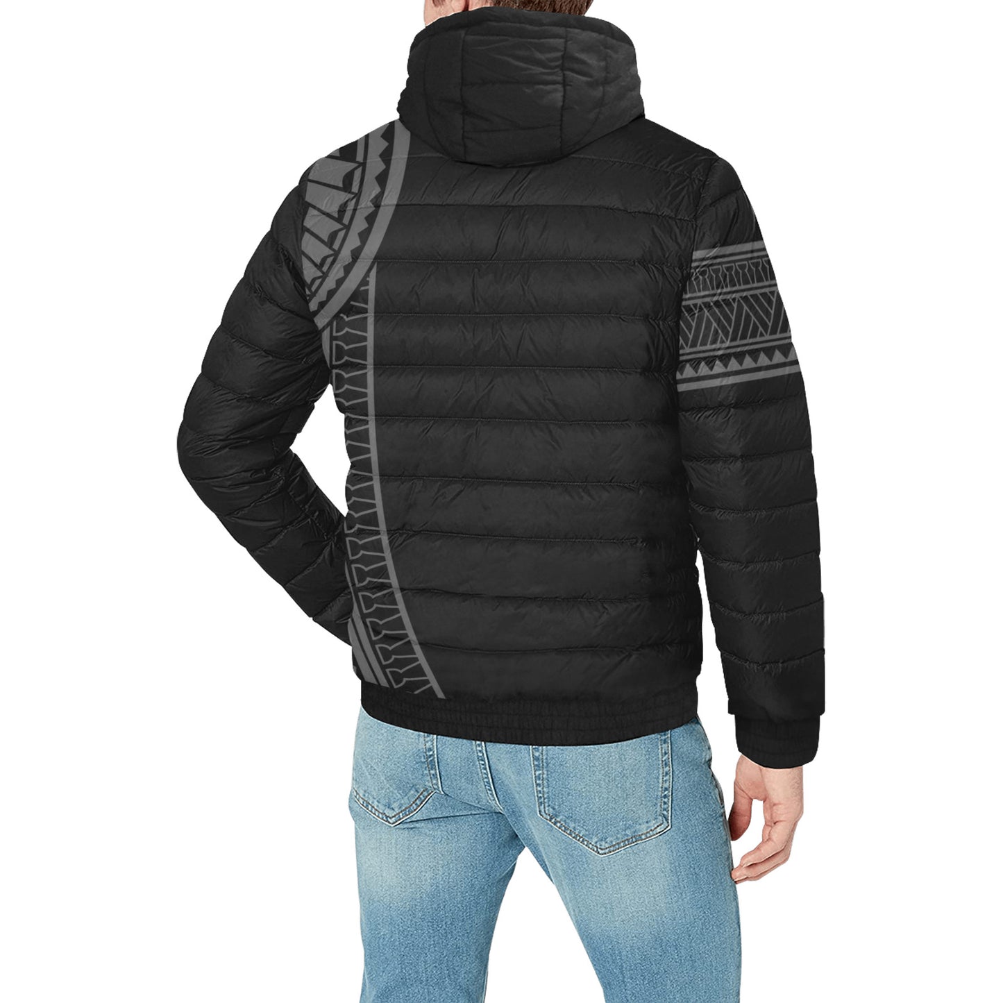 Guam Seal Color Tribal Black Men's Hooded Padded Jacket