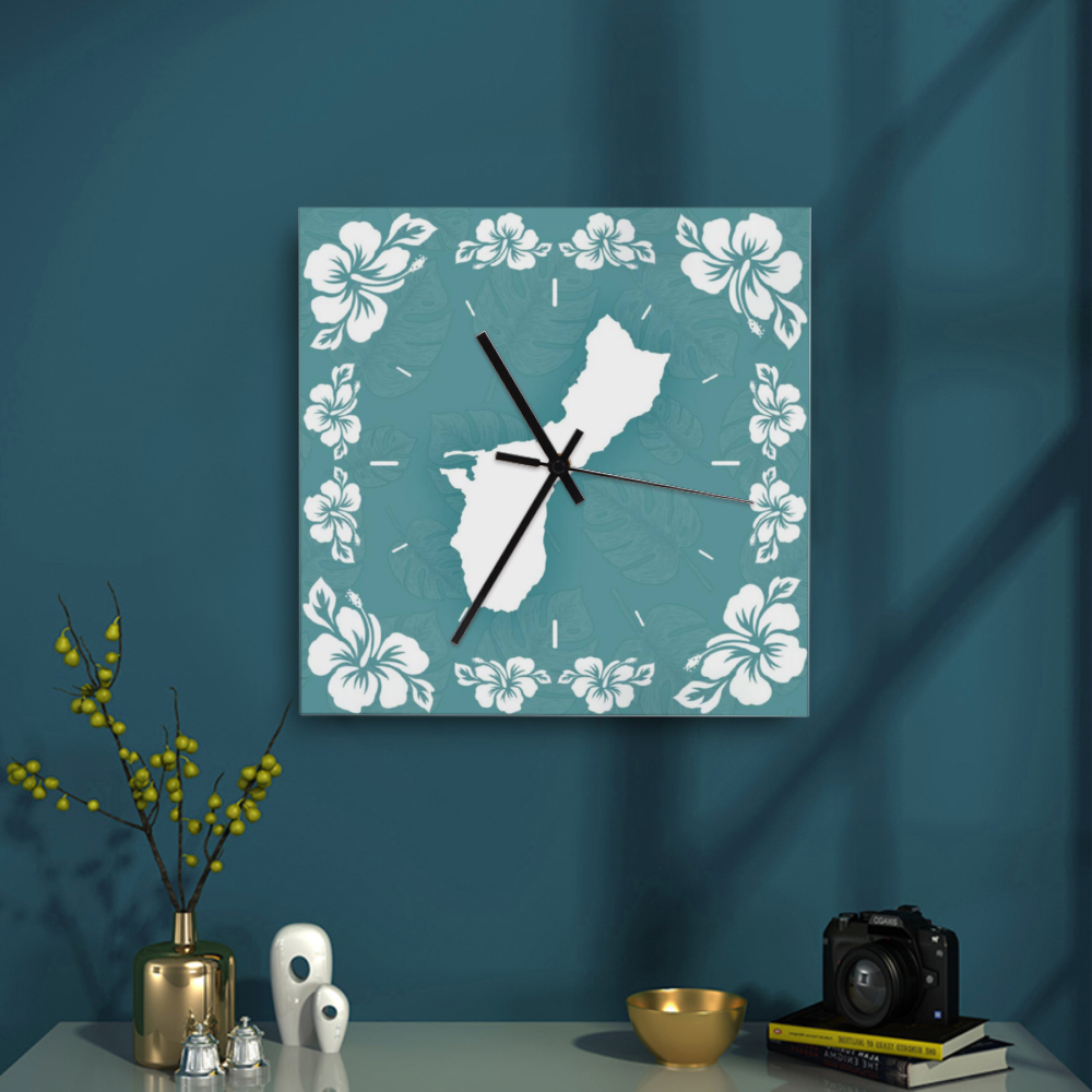 Guam Shape Teal Hibiscus Square Silent Wooden Wall Clock