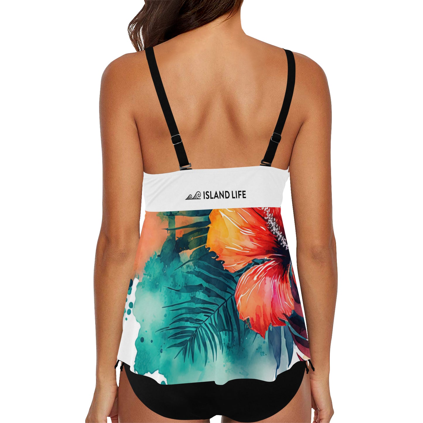 Guam Hibiscus Watercolor Chest Drawstring 2-Piece Swim Dress