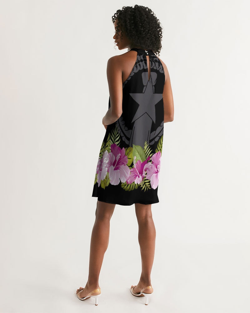 CNMI Seal Purple Hibiscus Black Women's Halter Dress