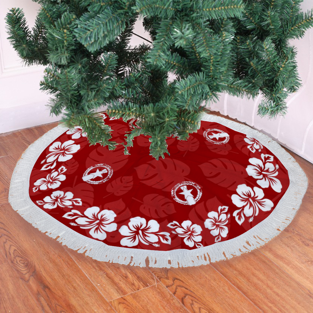 CNMI Classic Red Hibiscus Fringed Christmas Tree Skirt
