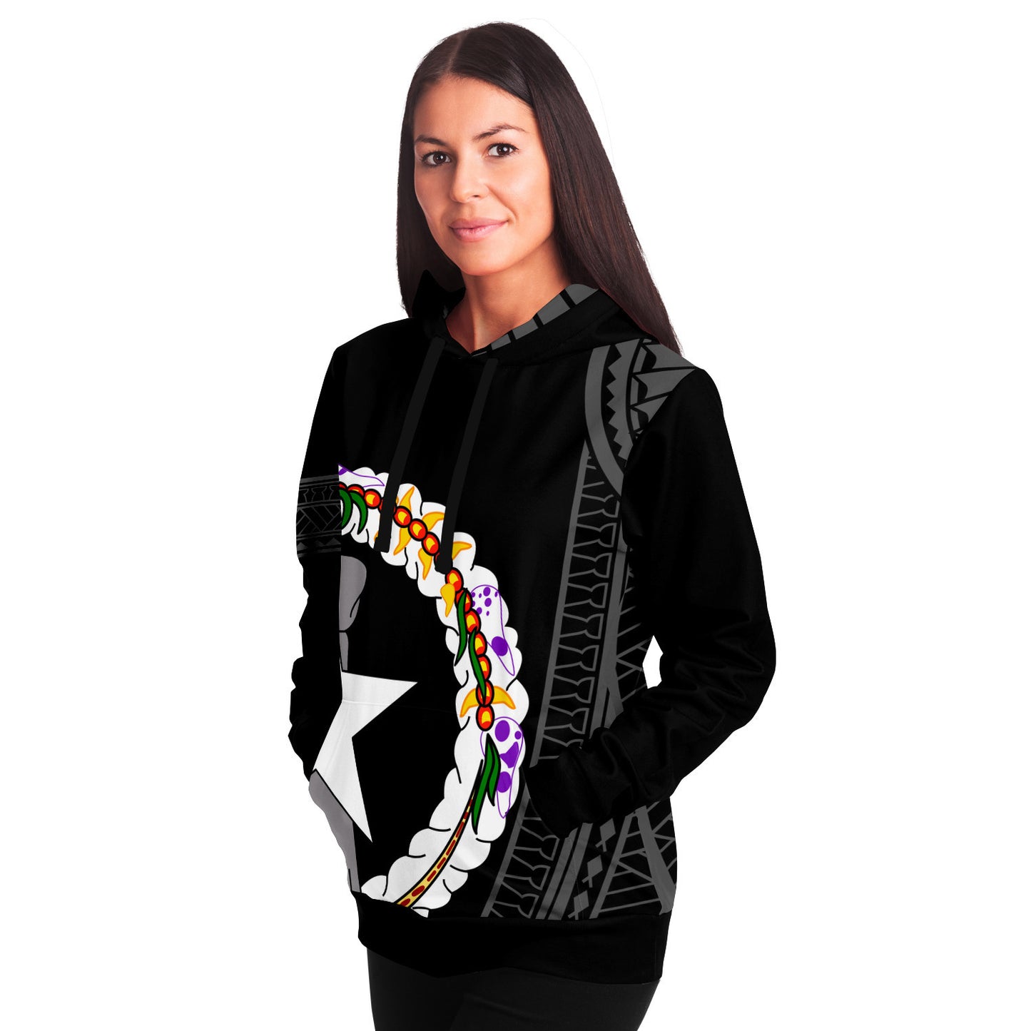 CNMI Seal Color Tribal Black Unisex AOP Pullover Hoodie