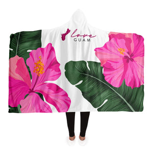 Guam Pink Hibiscus Paradise White Premium Sherpa Hooded Blanket
