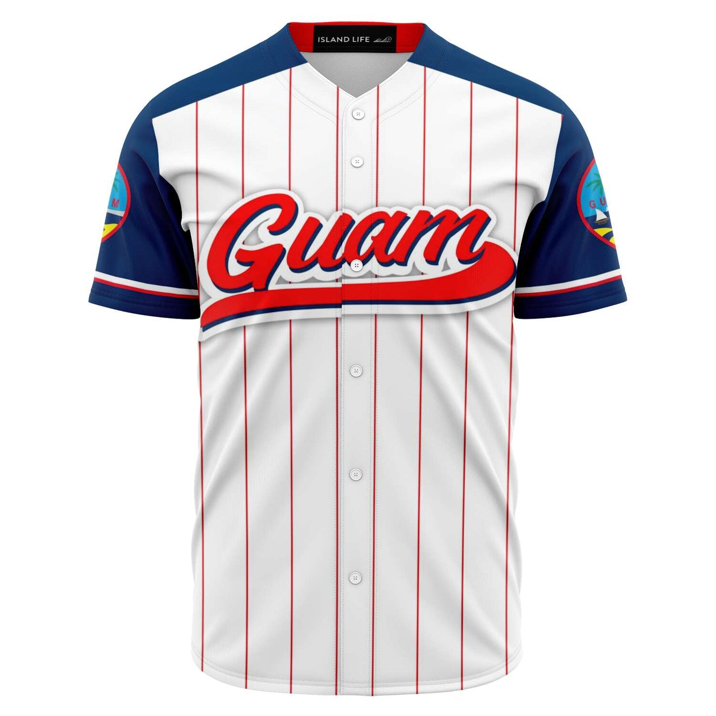 Guam Seal White Red Stripes Baseball Jersey