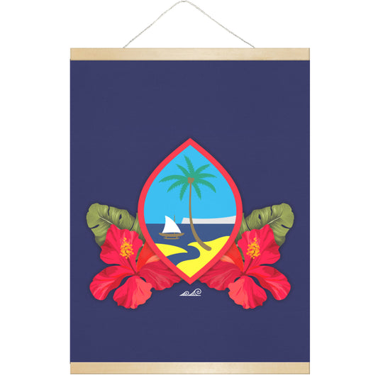 Guam Seal Hibiscus Paradise Hanging Canvas Poster with Wood Frame