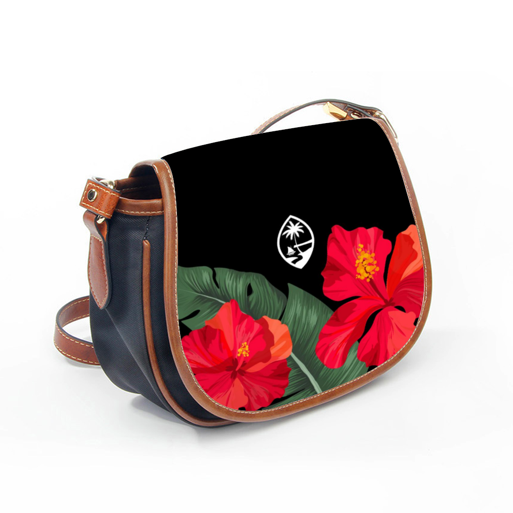 Guam Red Hibiscus Paradise Leather Saddle Crossbody Shoulder Bag