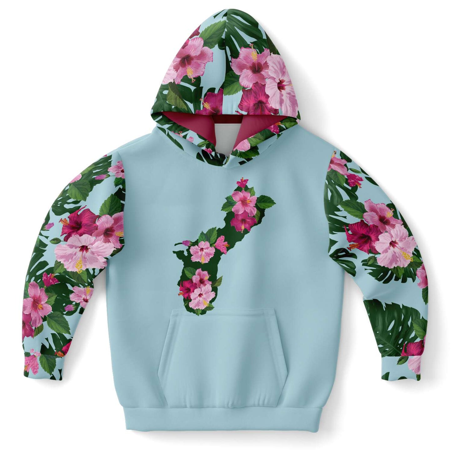 Kids Guam Fuchsia Hibiscus Blue Pullover Hoodie