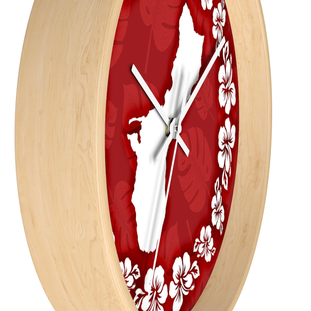 Guam Shape Red Hibiscus Wall Clock
