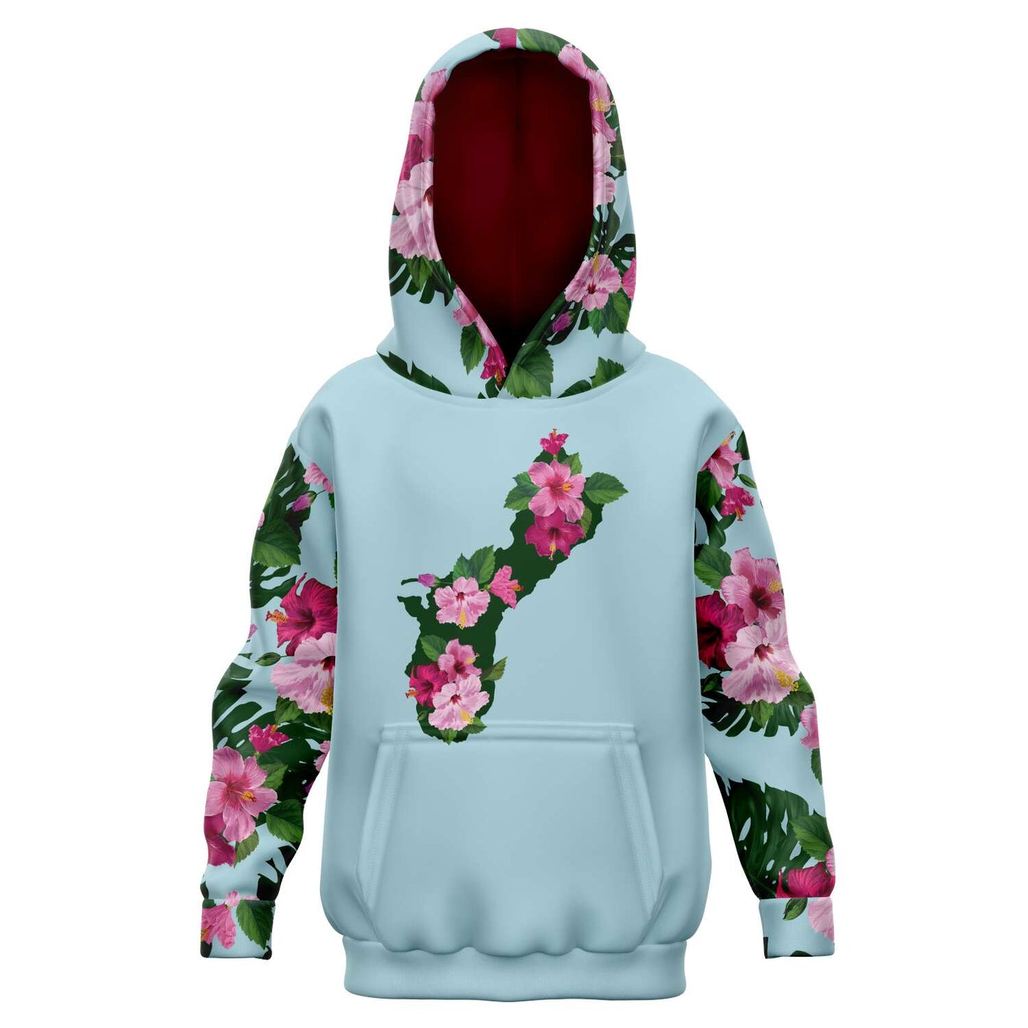 Kids Guam Fuchsia Hibiscus Blue Pullover Hoodie