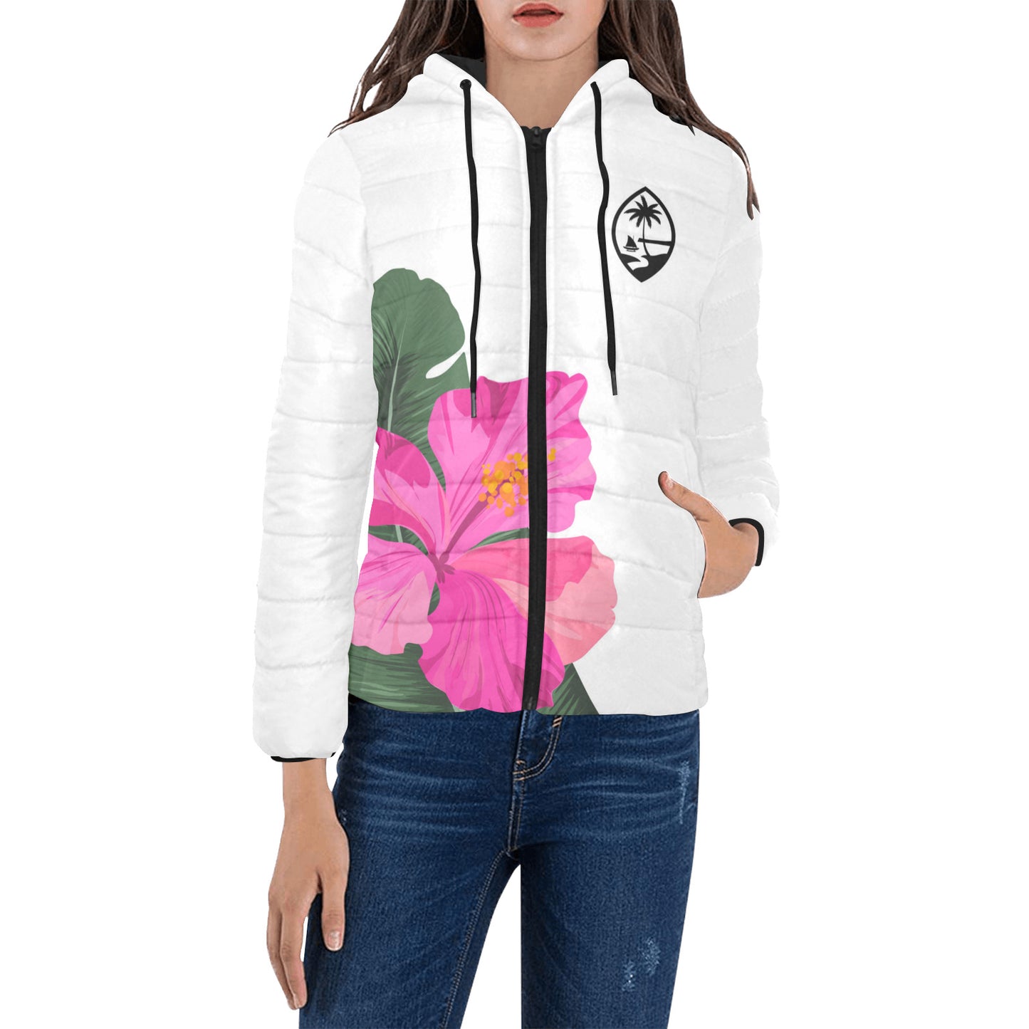 Guam Pink Hibiscus Paradise Women's Hooded Padded Jacket