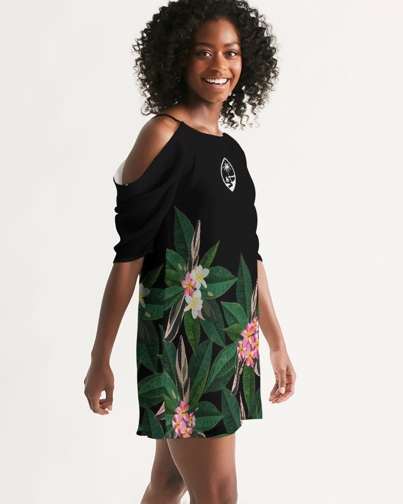Guam Plumeria Flowers Black Women's Open Shoulder A-Line Dress