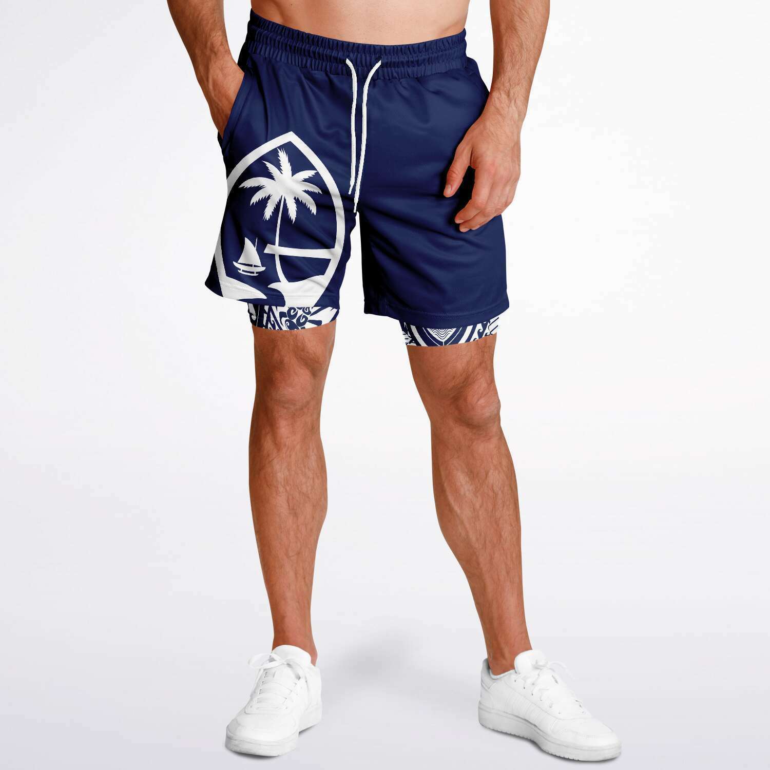 Guam Tribal Layer Blue 2-in-1 Phone Pocket Active Shorts