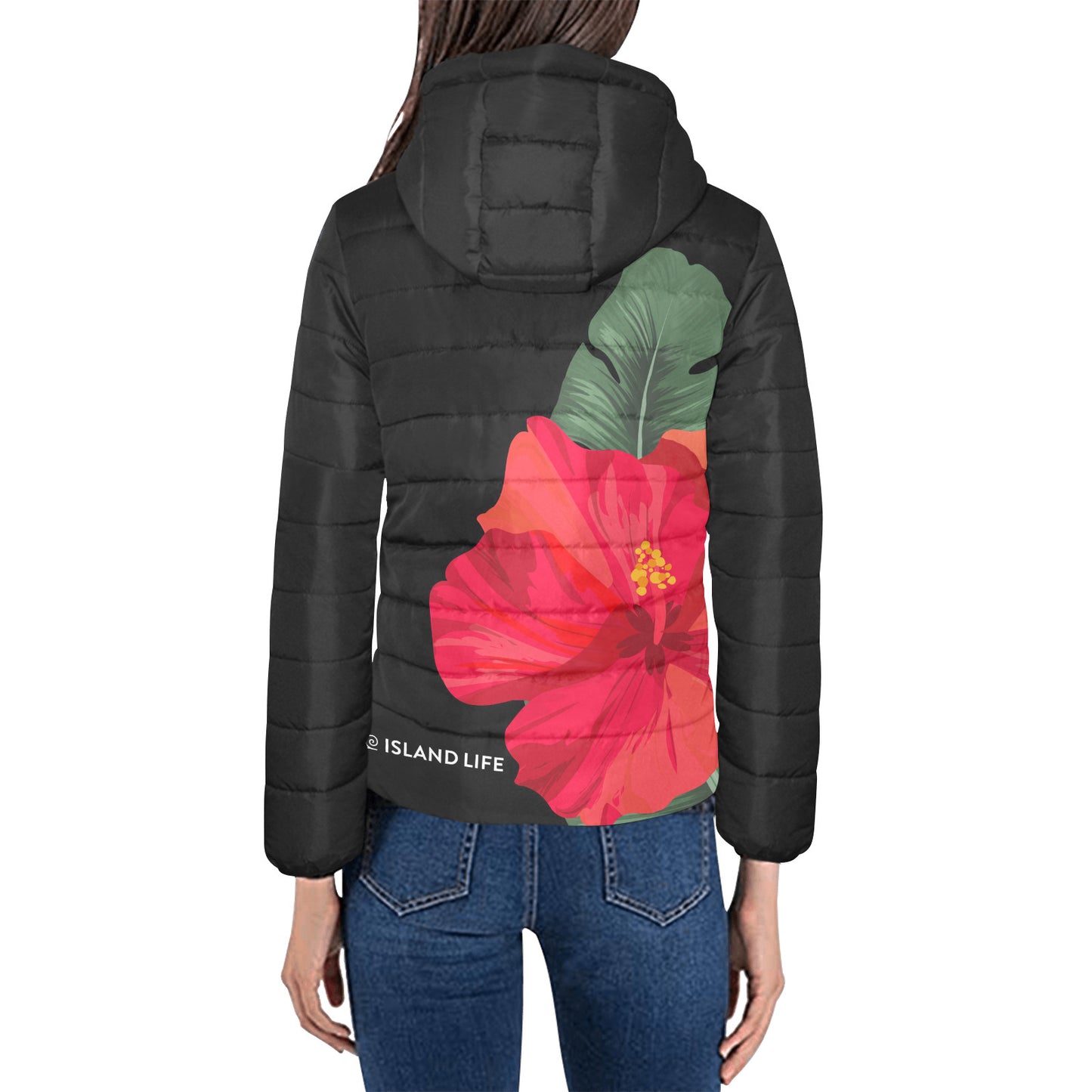 Guam Red Hibiscus Paradise Women's Black Hooded Padded Jacket