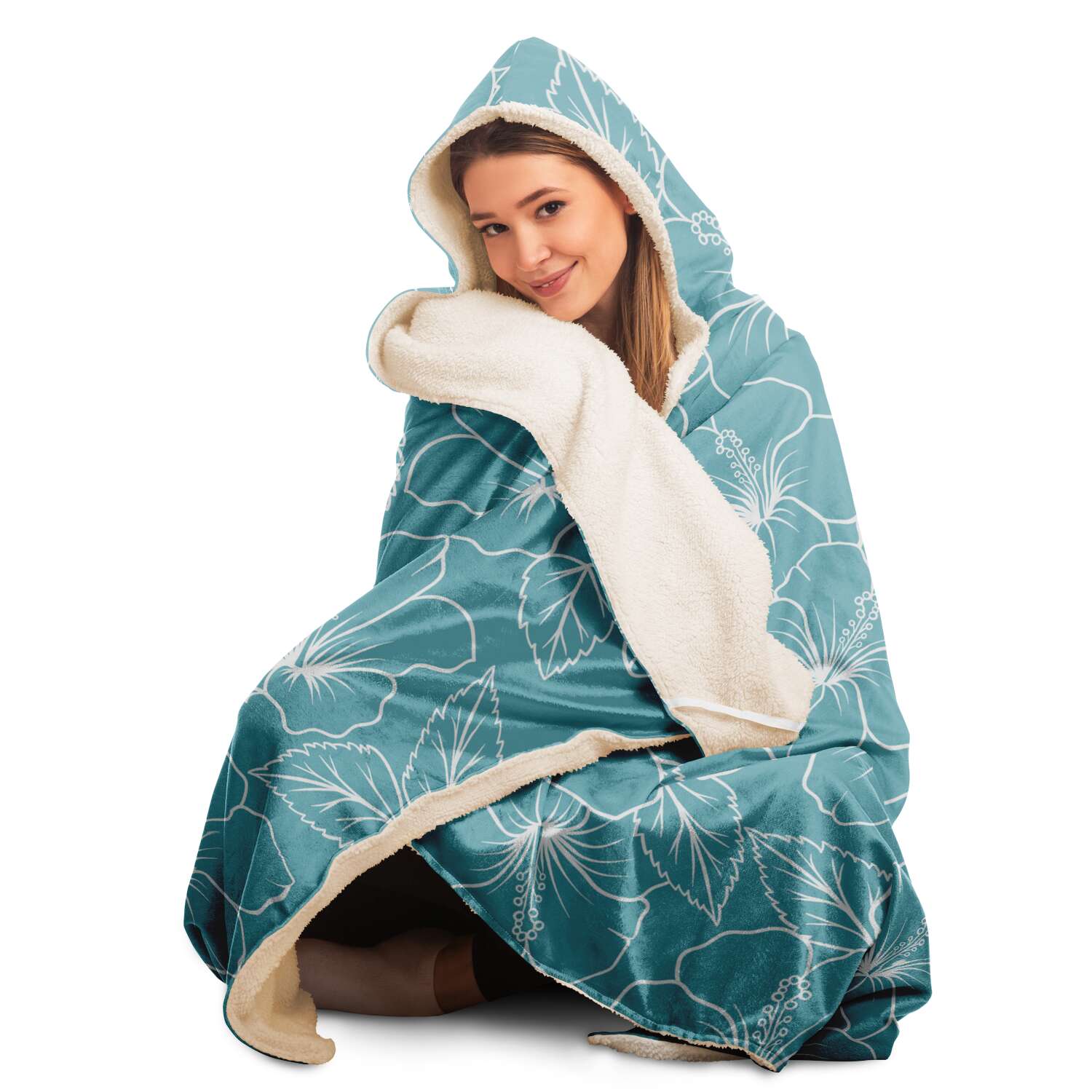 Guam Modern Hibiscus Teal Premium Sherpa Hooded Blanket