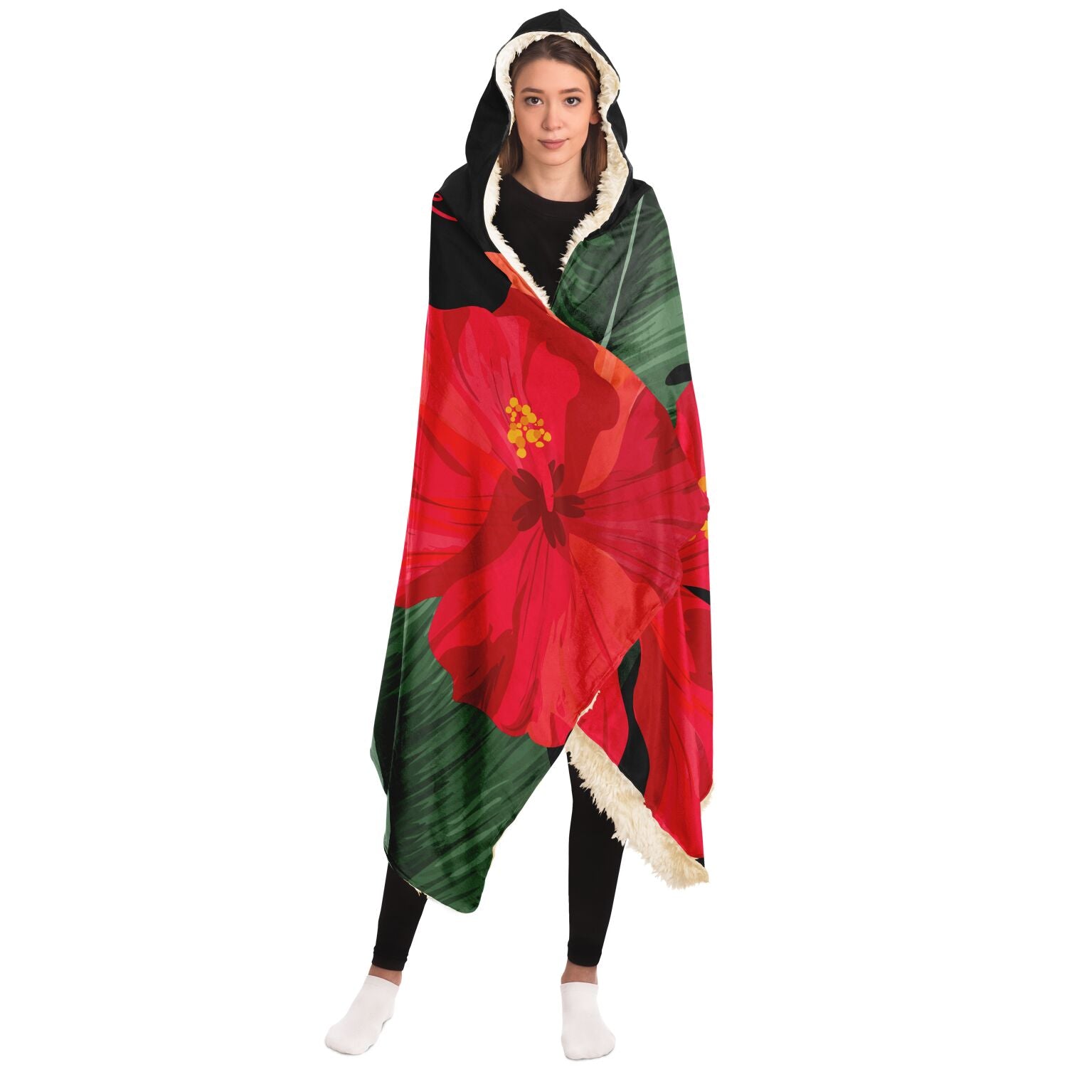 Guam Red Hibiscus Paradise Black Premium Sherpa Hooded Blanket