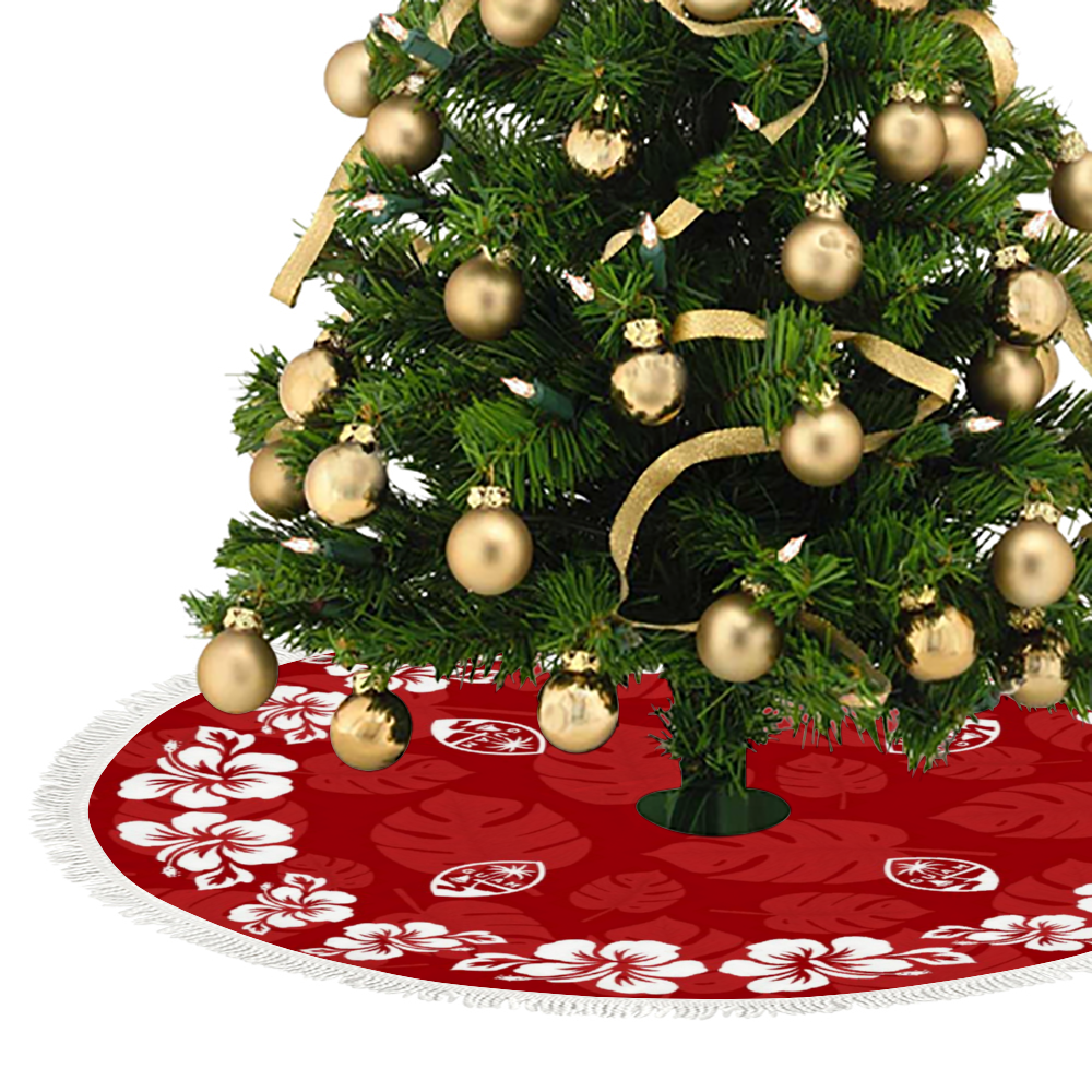 Guam Classic Red Hibiscus Fringed Christmas Tree Skirt