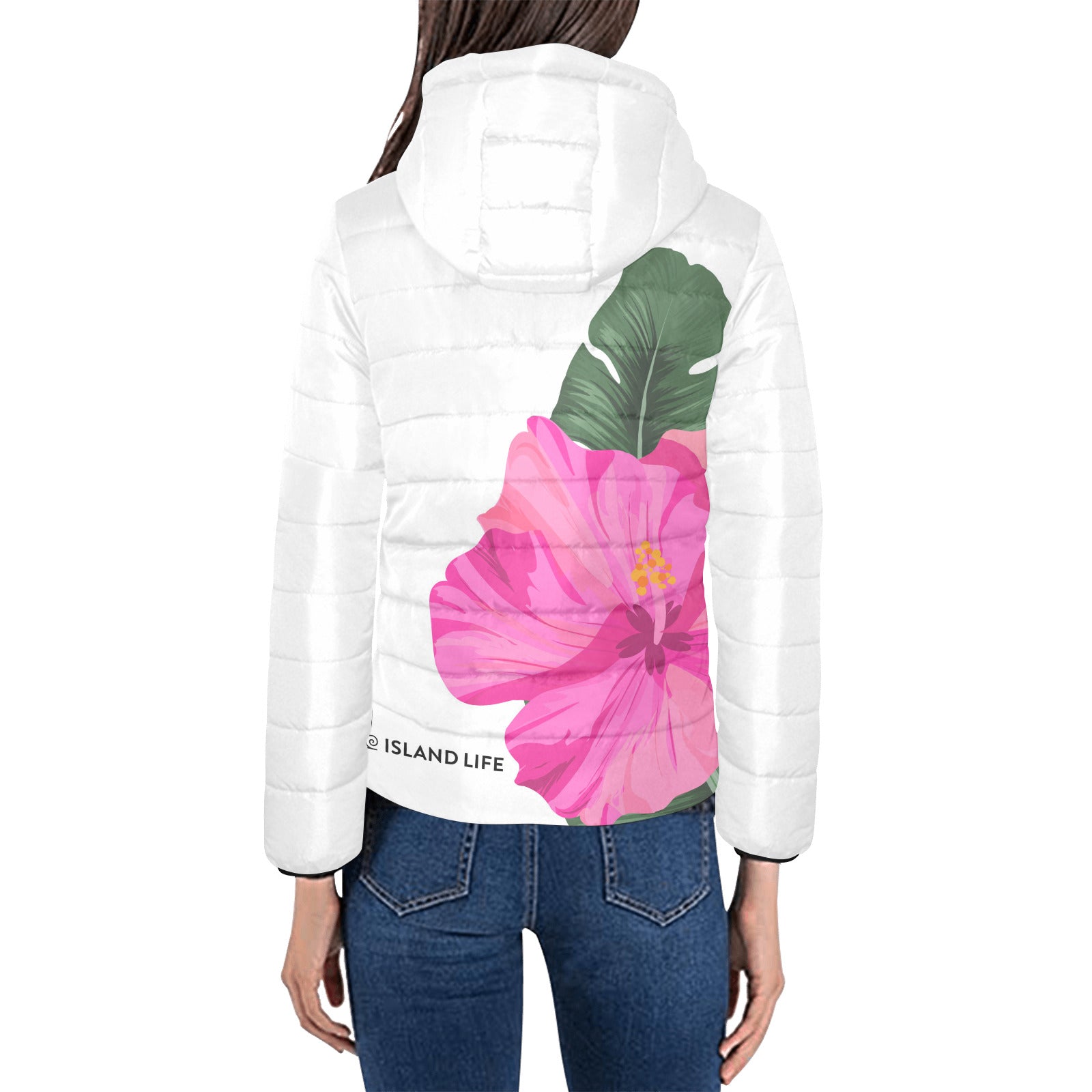 Guam Pink Hibiscus Paradise Women's Hooded Padded Jacket