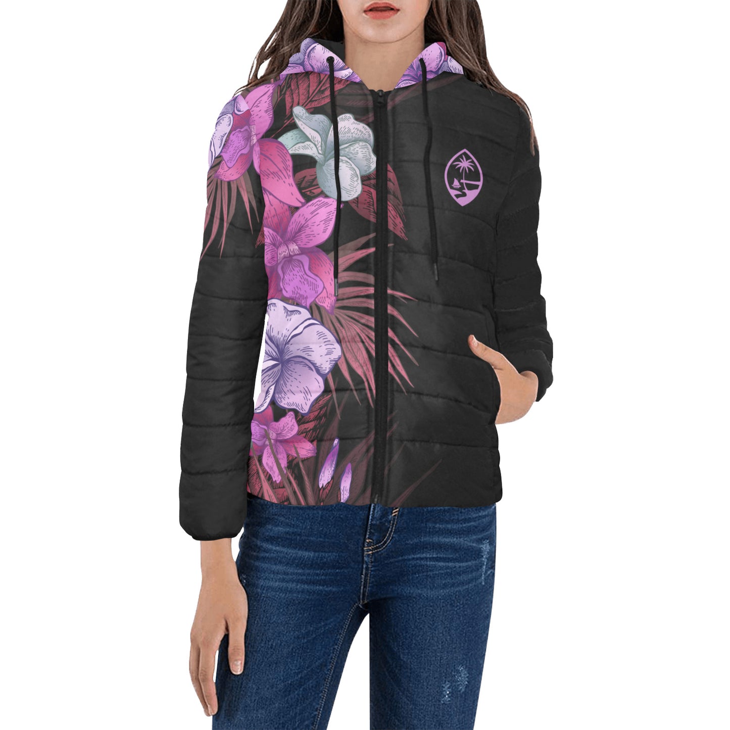 Guam Vintage Hibiscus Women's Hooded Padded Jacket