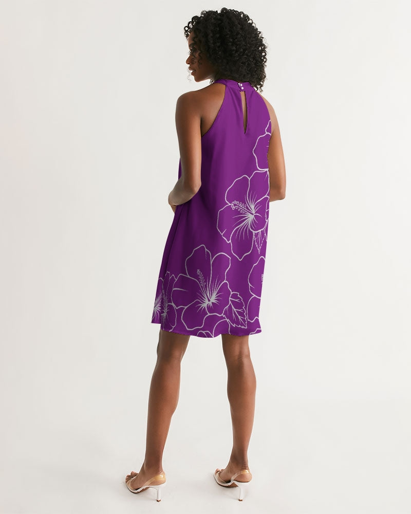 Guam Modern Hibiscus Purple Women's Halter Dress