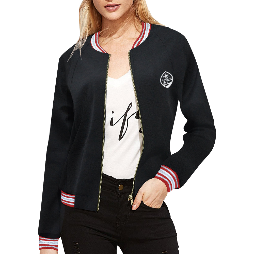 Guam Map Women's Red Striped Bomber Jacket