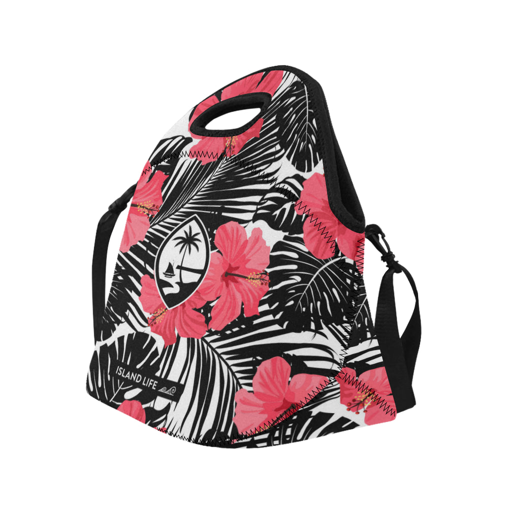 Guam Pink Black Hibiscus Leaves Neoprene Lunch Bag Large