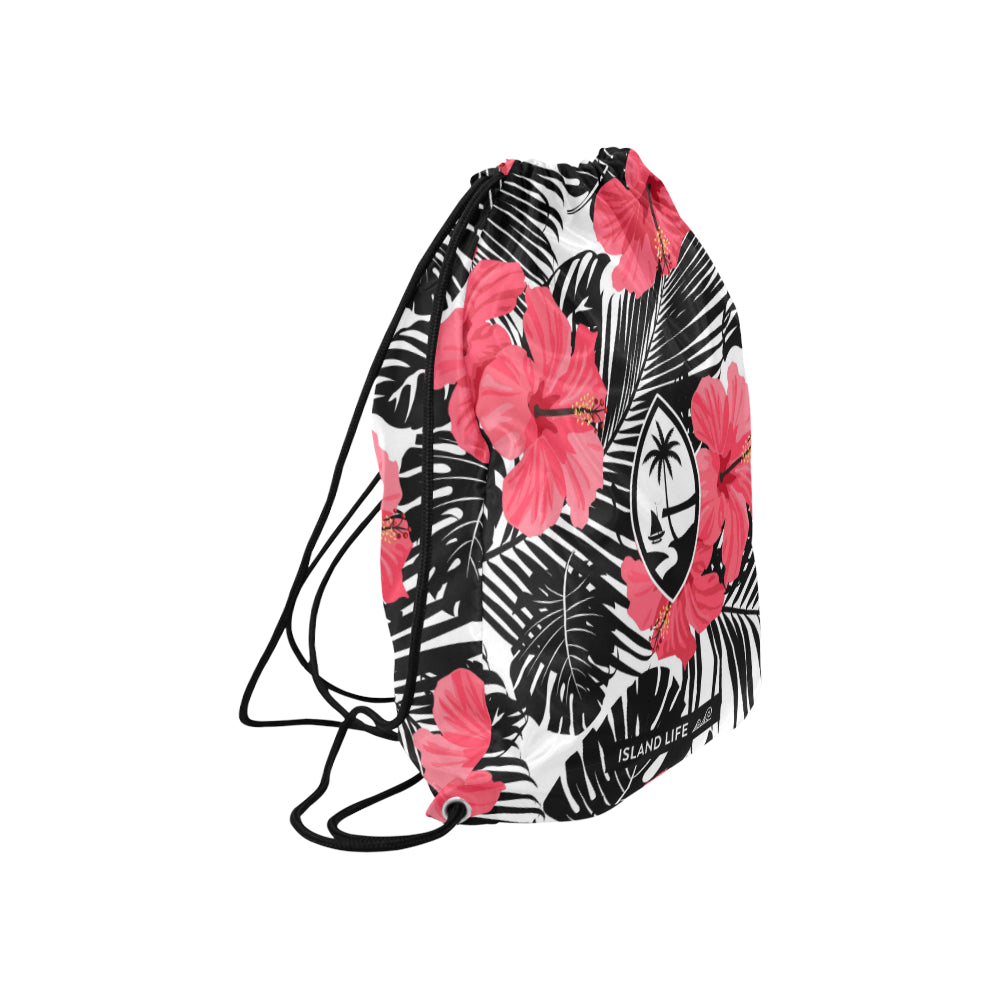 Guam Pink Black Hibiscus Large Drawstring Bag