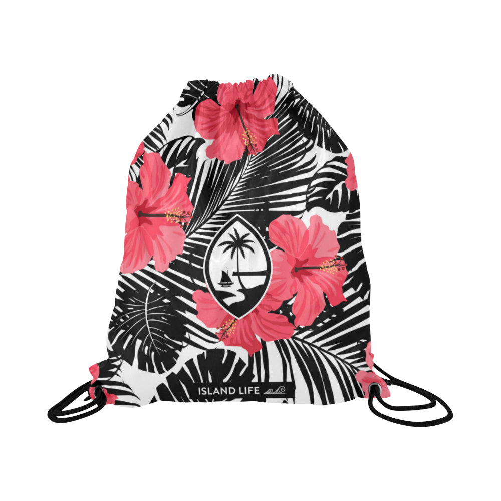 Guam Pink Black Hibiscus Large Drawstring Bag