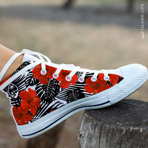 Guam Red Black Hibiscus High Top Shoe White