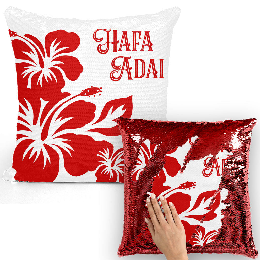 Hafa Adai Red Hibiscus ﻿Sequin Cushion Cover Guam Saipan Tinian Rota