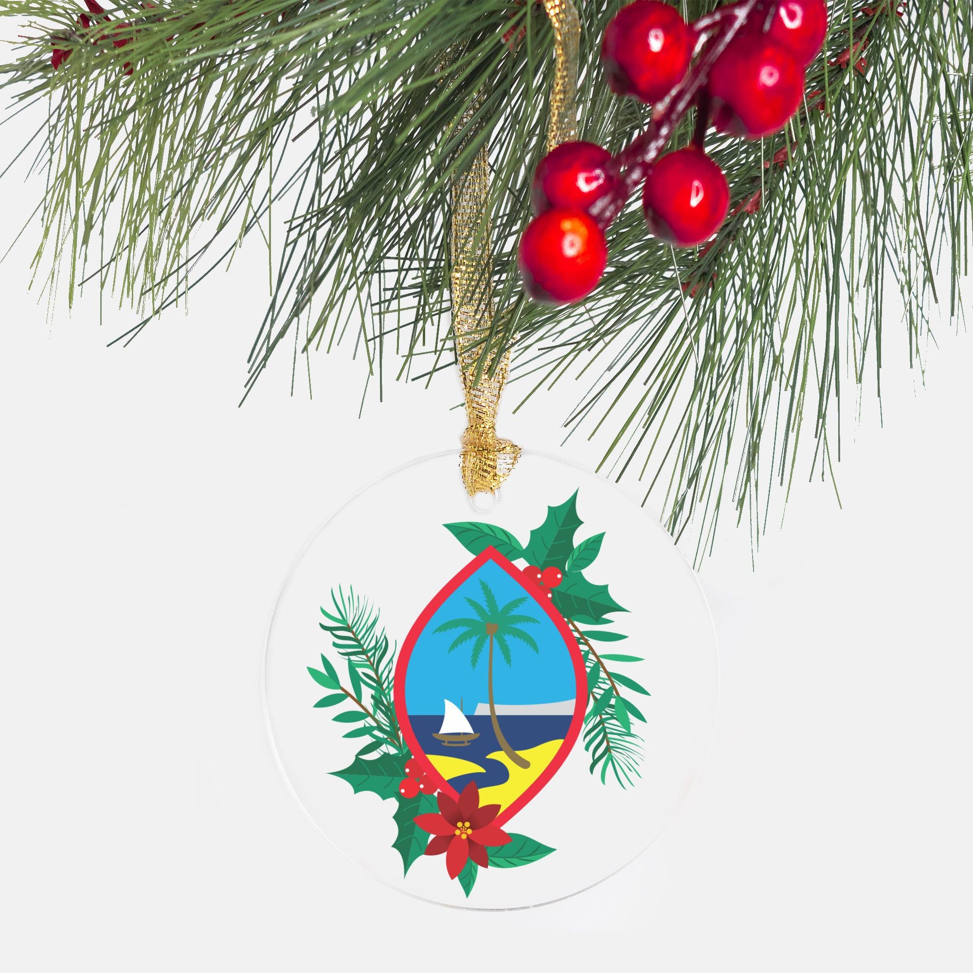 Guam Seal Holly Christmas Clear Acrylic Round Ornament
