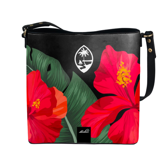 Guam Hibiscus Paradise Black Vegan Leather Crossbody Large Shoulder Bag