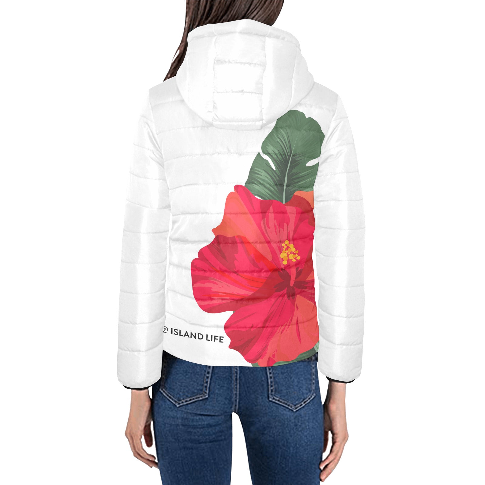 Guam Red Hibiscus Paradise Women's Hooded Padded Jacket