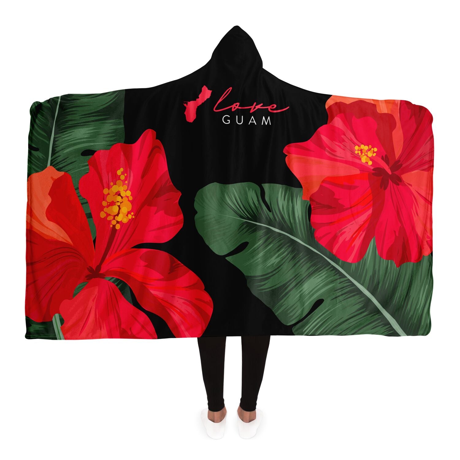 Guam Red Hibiscus Paradise Black Premium Sherpa Hooded Blanket