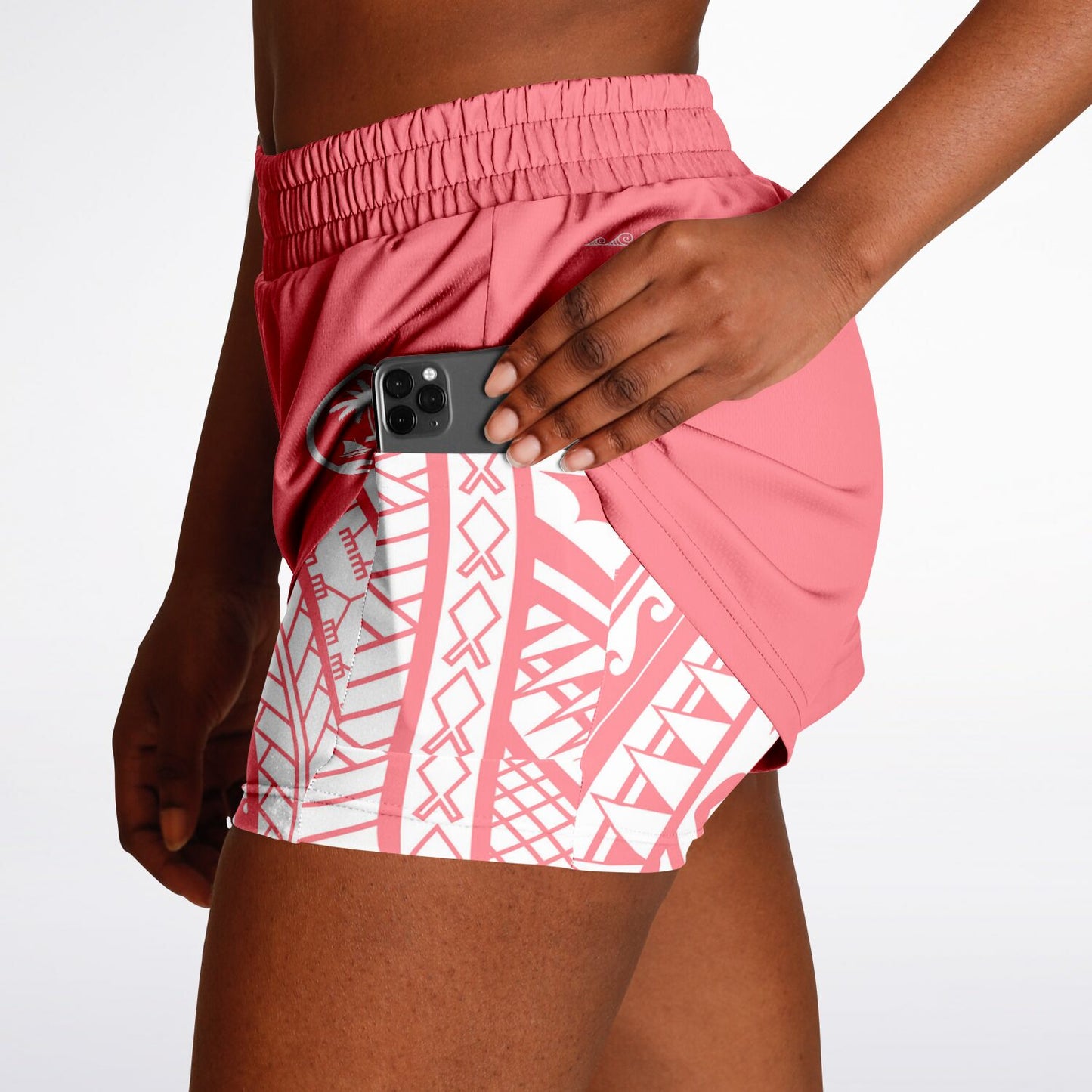 Guam Coral Modern Hibiscus Layer 2-in-1 Phone Pocket Active Shorts